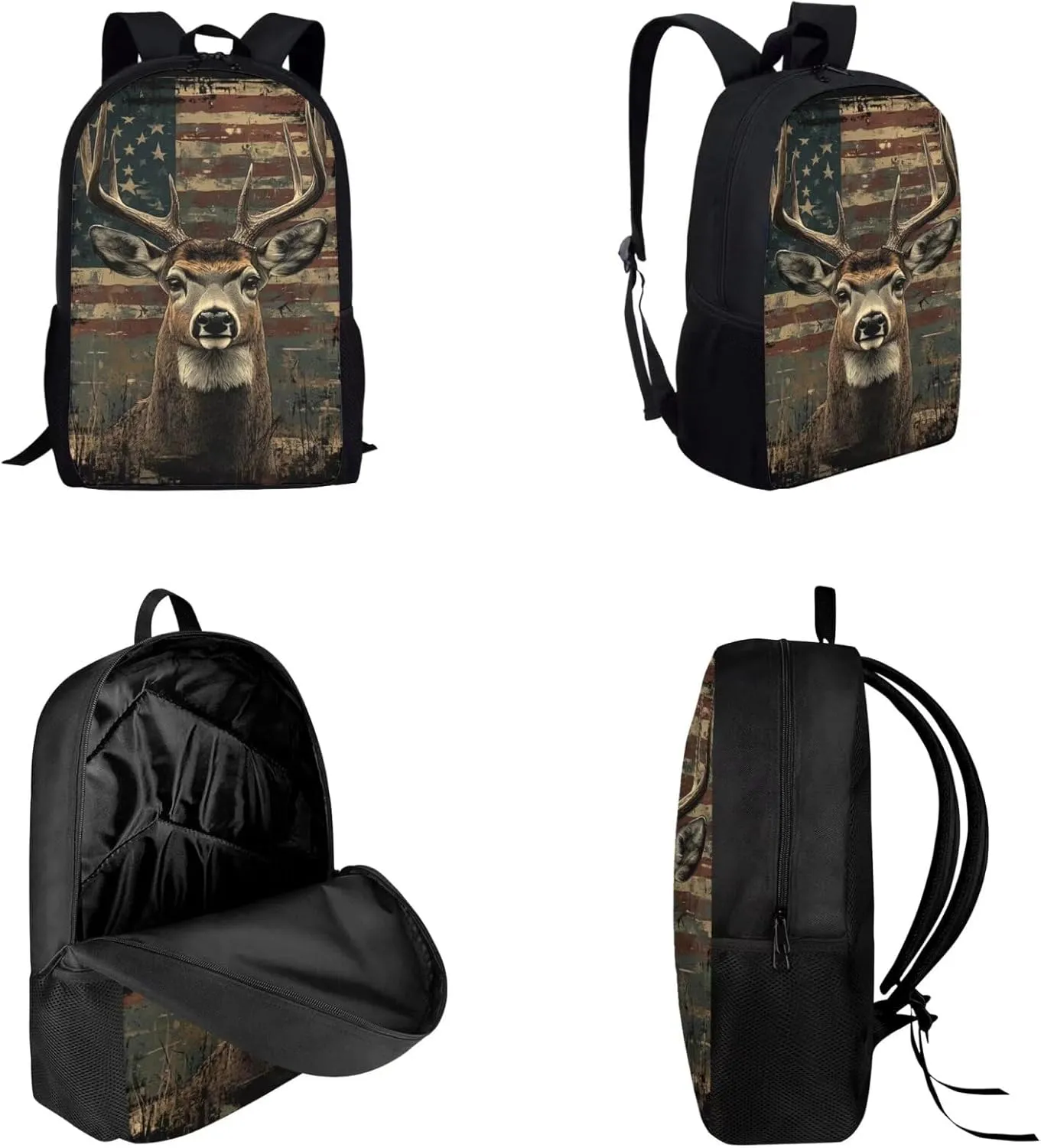 3 Piece American Flag Reindeer Print Boys Backpack for School Backpack for High School Boys Backpack Bookbag Schoolbag Insulated Lunch Box Pencil Case Purse