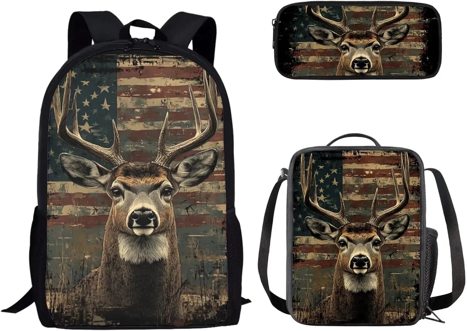 3 Piece American Flag Reindeer Print Boys Backpack for School Backpack for High School Boys Backpack Bookbag Schoolbag Insulated Lunch Box Pencil Case Purse