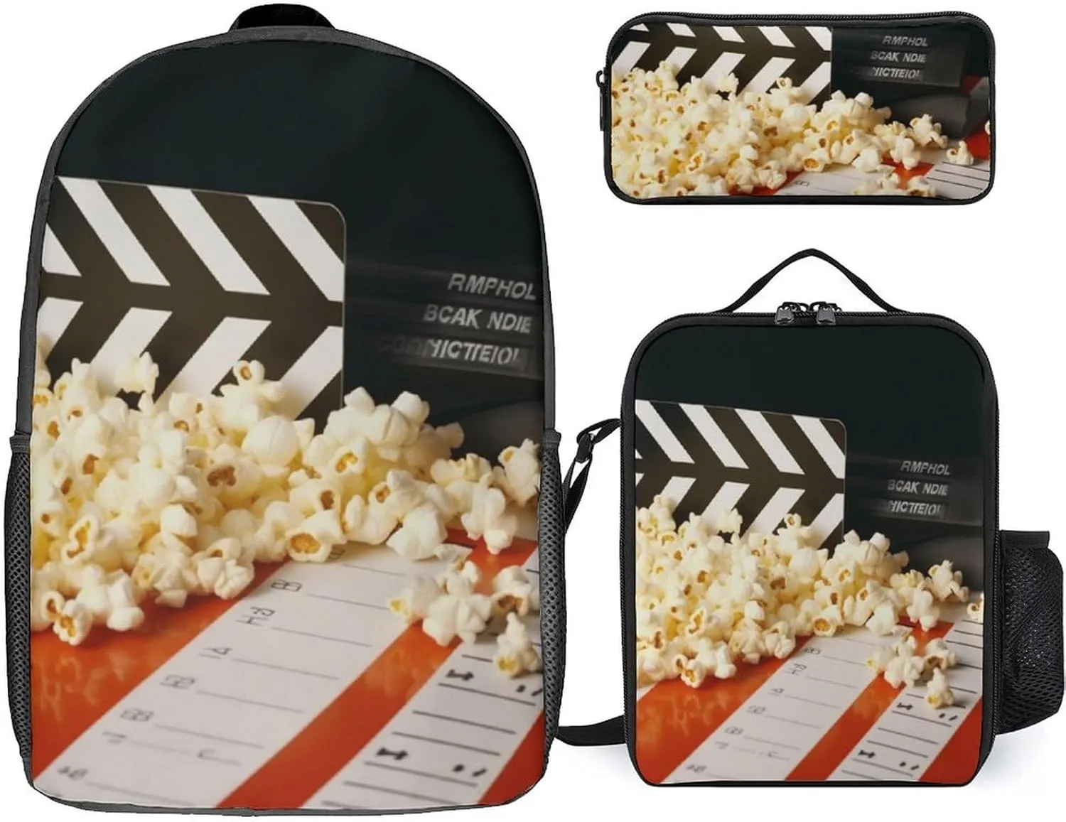 3 Piece Backpack for Women Men Lightweight Causal Daypack Shoulder Bag Set with Insulated Lunch Bag And Pencil Case Organizers Cinema Clapboard And Popcorn