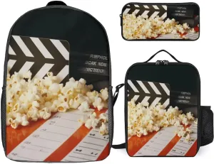 3 Piece Backpack for Women Men Lightweight Causal Daypack Shoulder Bag Set with Insulated Lunch Bag And Pencil Case Organizers Cinema Clapboard And Popcorn