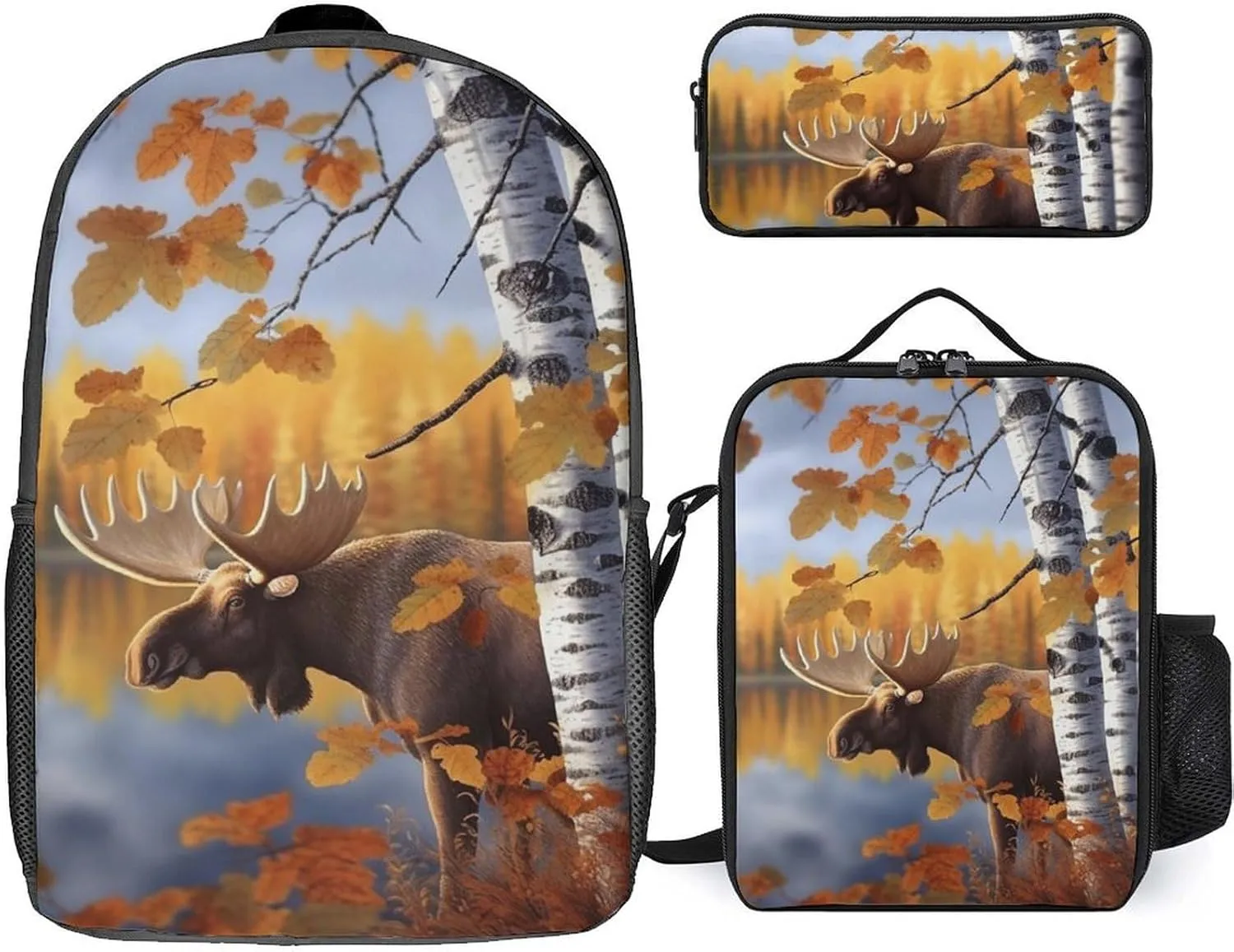 3 Piece Backpack for Women Men Lightweight Causal Daypack Shoulder Bag Set with Insulated Lunch Bag And Pencil Case Organizers Fall Birch Leaves Elk