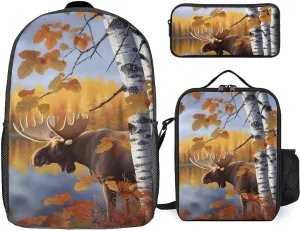 3 Piece Backpack for Women Men Lightweight Causal Daypack Shoulder Bag Set with Insulated Lunch Bag And Pencil Case Organizers Fall Birch Leaves Elk