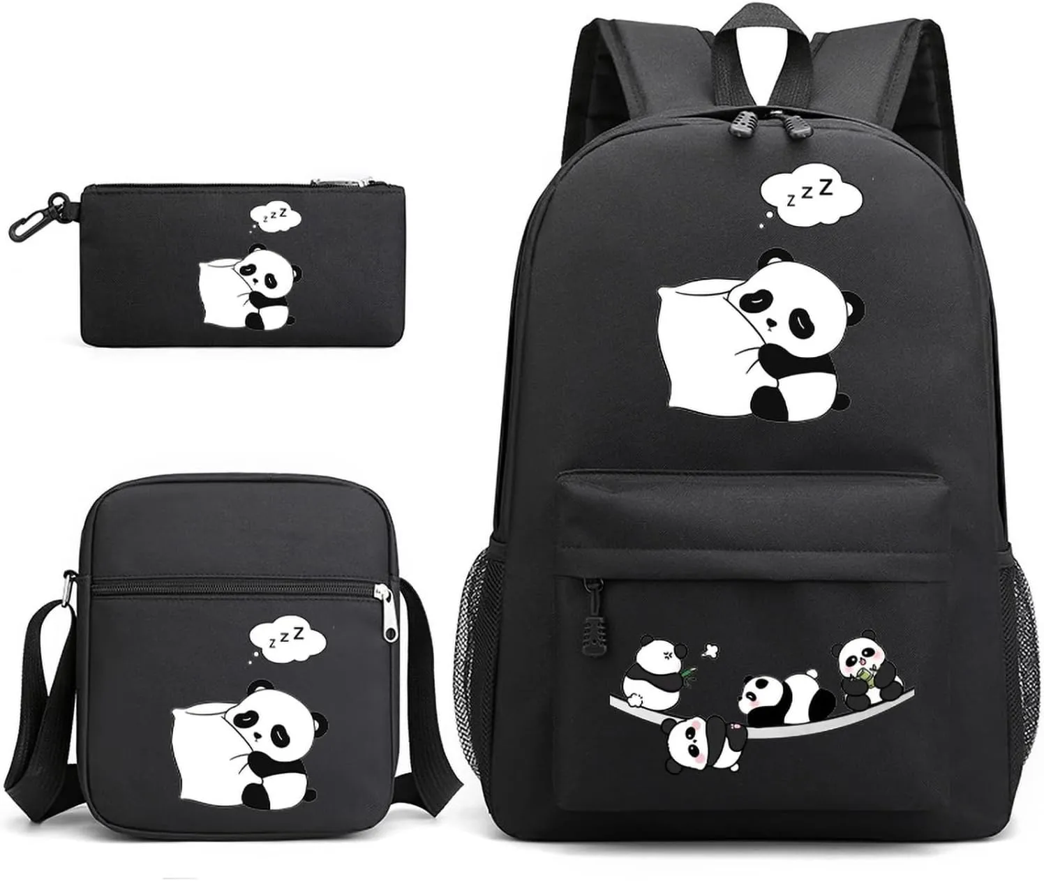 3 Pieces Panda Printed Book Bag, 17 Inch Boys and Girls (Includes Lunch Box and Pencil Pouch), School Travel Sports Backpack Set (5#Panda (black))