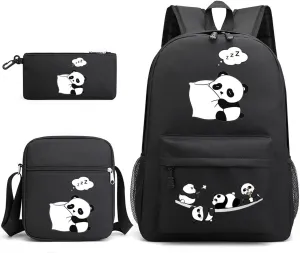 3 Pieces Panda Printed Book Bag, 17 Inch Boys and Girls (Includes Lunch Box and Pencil Pouch), School Travel Sports Backpack Set (5#Panda (black))
