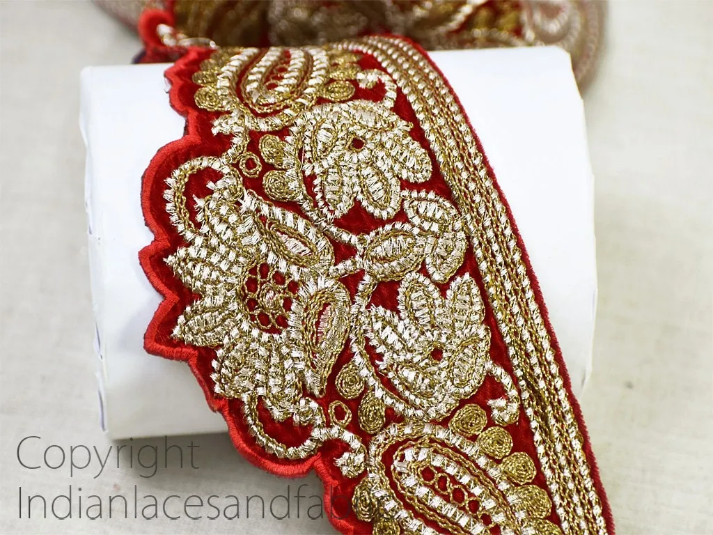 3 Yard Red Embroidered Trim Wholesale Saree Velvet Fabric Decorative Christmas Trimmings Lampshade Laces Embroidery Border Crafting Ribbons