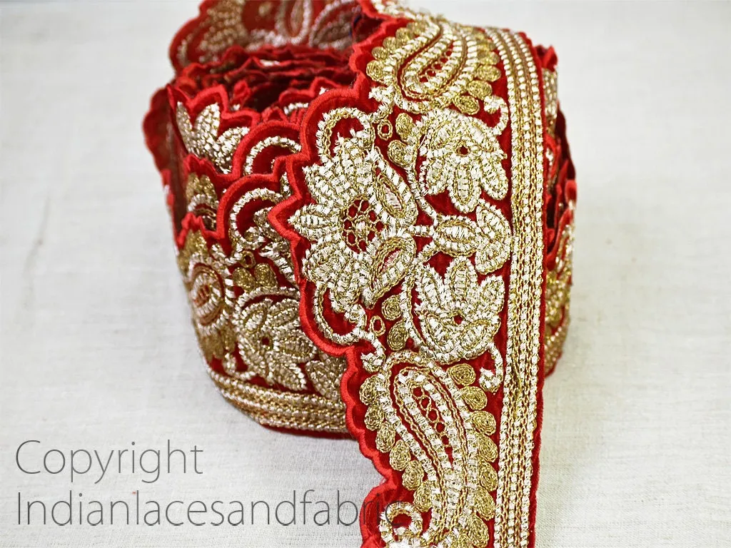 3 Yard Red Embroidered Trim Wholesale Saree Velvet Fabric Decorative Christmas Trimmings Lampshade Laces Embroidery Border Crafting Ribbons