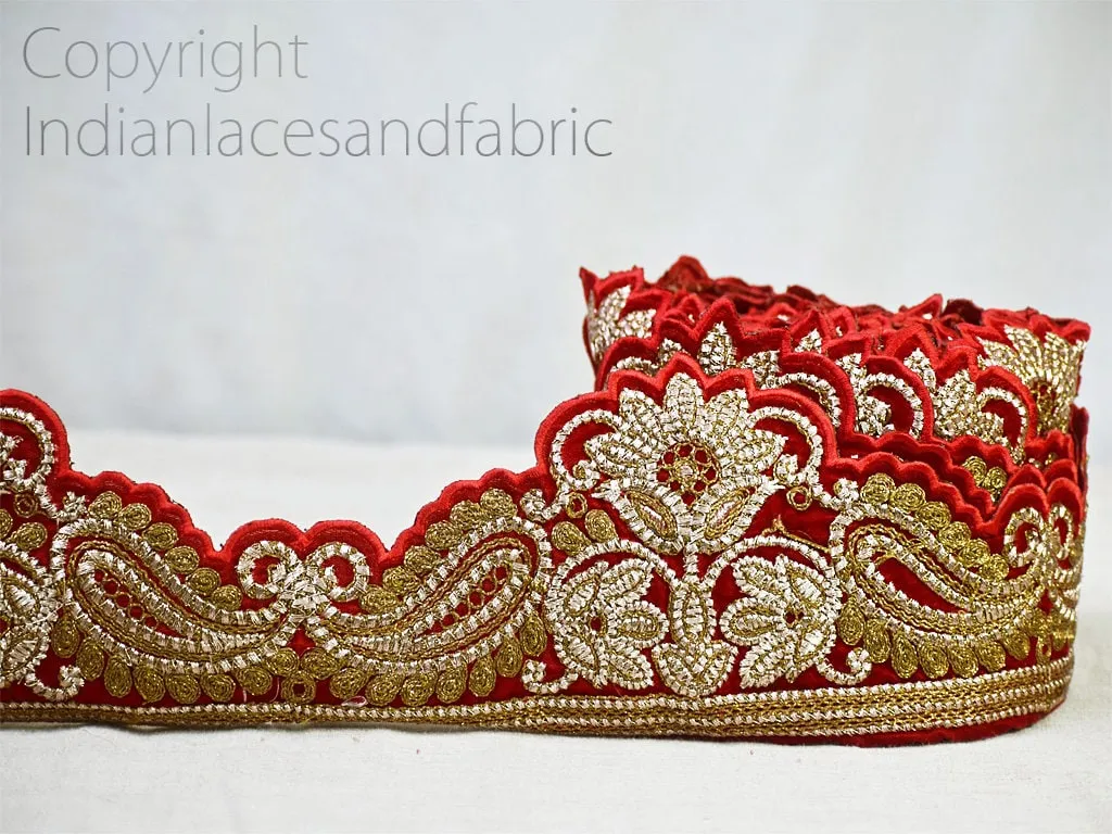 3 Yard Red Embroidered Trim Wholesale Saree Velvet Fabric Decorative Christmas Trimmings Lampshade Laces Embroidery Border Crafting Ribbons
