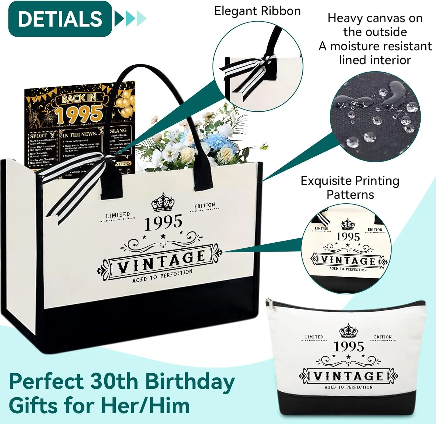 30th Birthday Gifts for Women Her- 4 pcs, Turning 30 Year Old Gifts, Birthday Decorations Canvas Beach Tote Bag & Makeup Bag, Unique Happy 30th Birthday for Her Mom Wife Friends