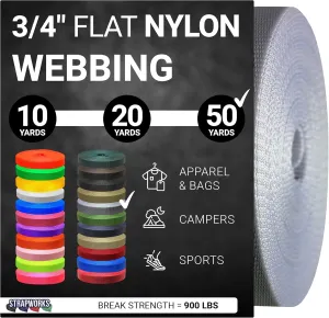 3/4 Inch Heavy Duty Nylon Webbing Strap Roll for Belt, Backpack, Sling, Collar, Leash, Strapping and More, 10, 20, or 50 Yards, Over 20 Colors