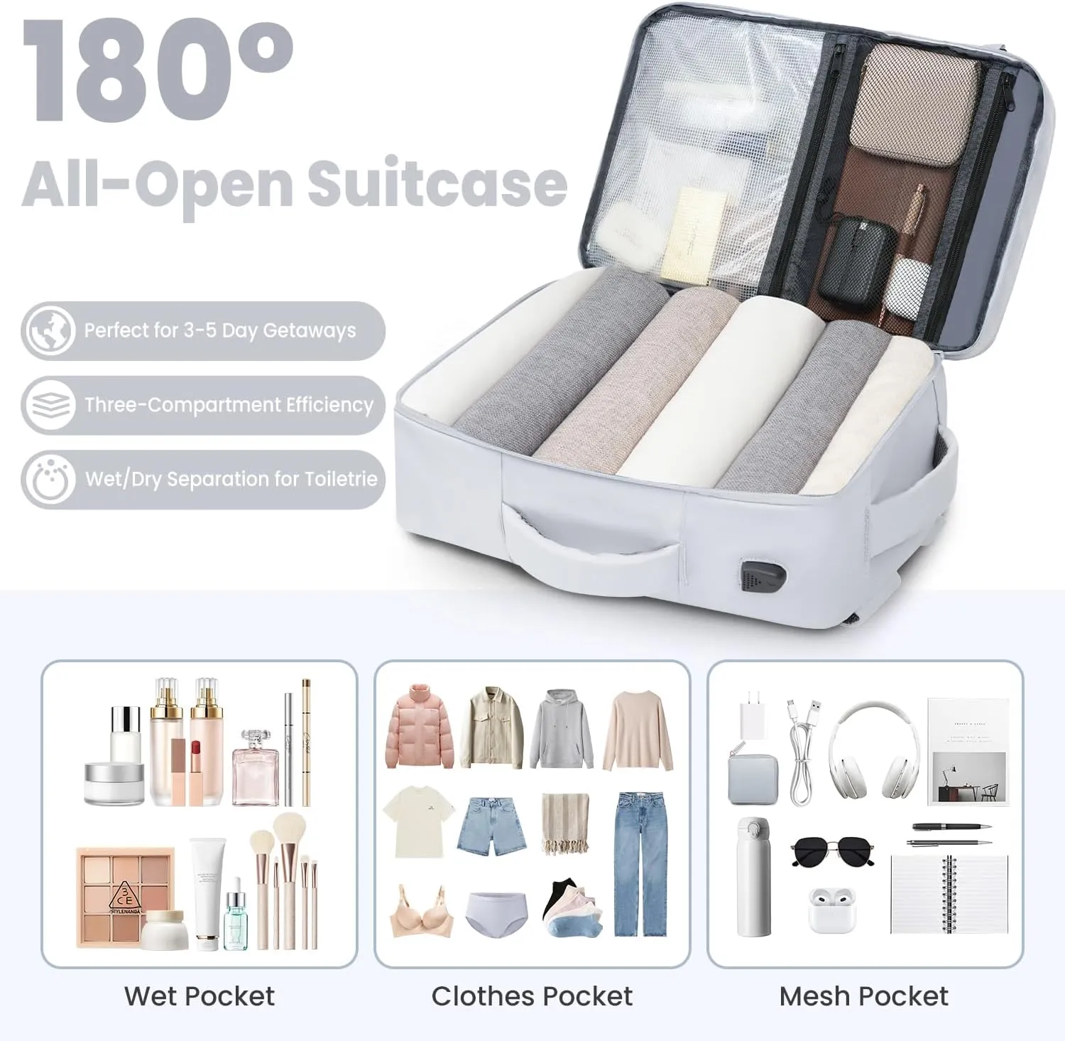 35L Travel Backpack | 180° All-Open Design | Multi-Pockets | Airline Approved Carry on |15.6 inch Laptop Compartment | USB Port |Perfect for Travel Business College Bookbags |Men Women, Grey
