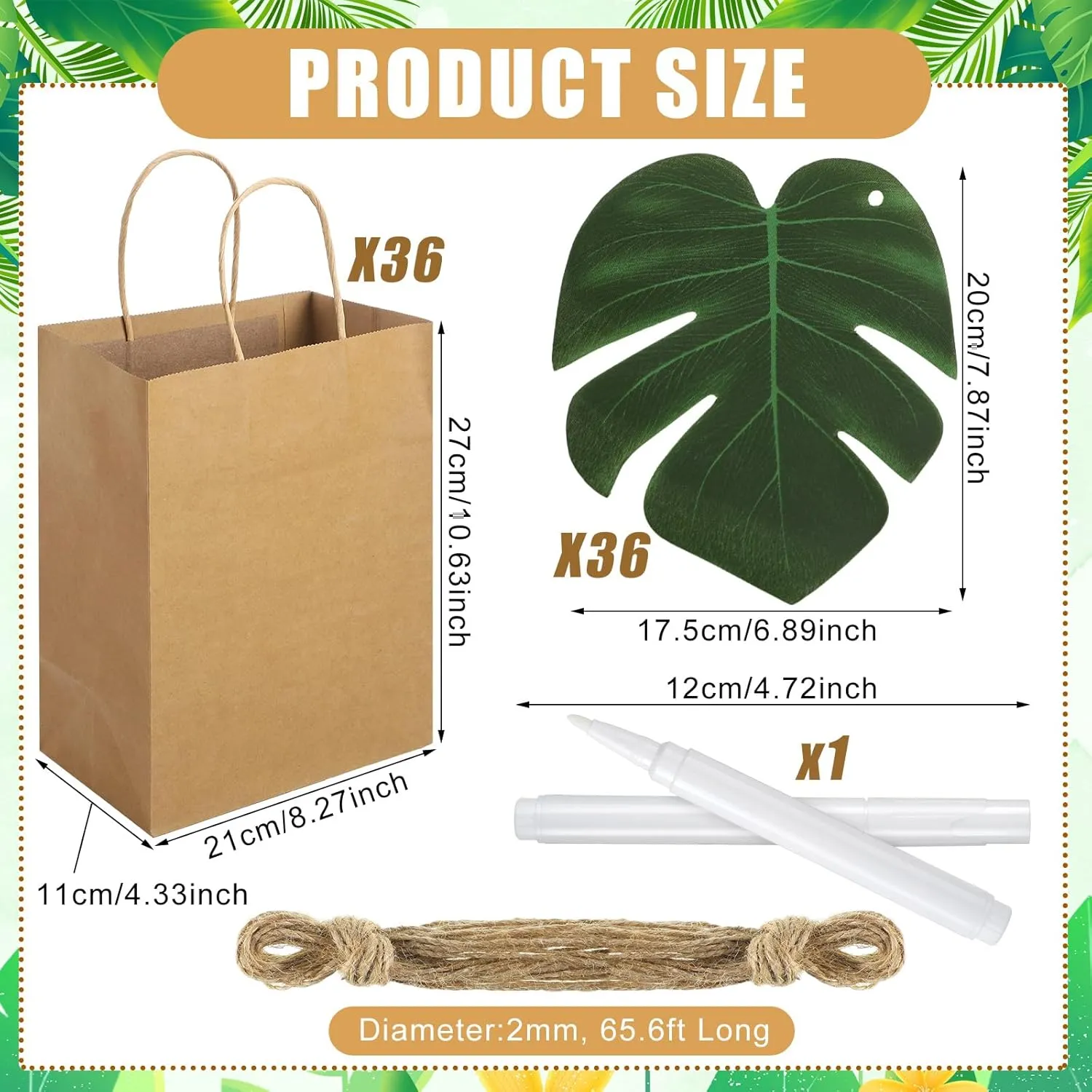 36 Set Bachelorette Gift Bags Bulk Luau Gift Bags with Palm Leaves Hawaiian Tropical Party Supplies Artificial Monstera Kraft Paper Bridesmaid Party Favors for Wedding Hawaiian