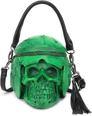 3D Backpack, Fashion 3D Skull With Helmet And Earphone Cross Body Handle Shoulder Bag (Green)