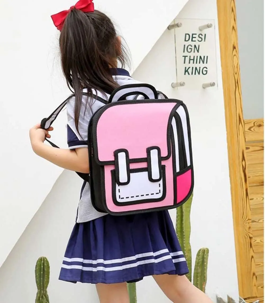 3D Jump Style Kawaii Backpack Sketch Cute Cartoon 2D Drawing from Comic Paper Anime School Supplies Fun Daypack (Pink)