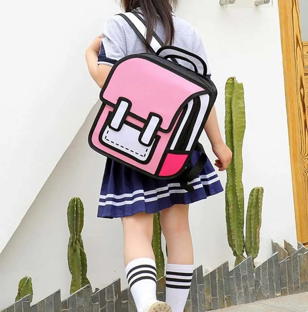 3D Jump Style Kawaii Backpack Sketch Cute Cartoon 2D Drawing from Comic Paper Anime School Supplies Fun Daypack (Pink)