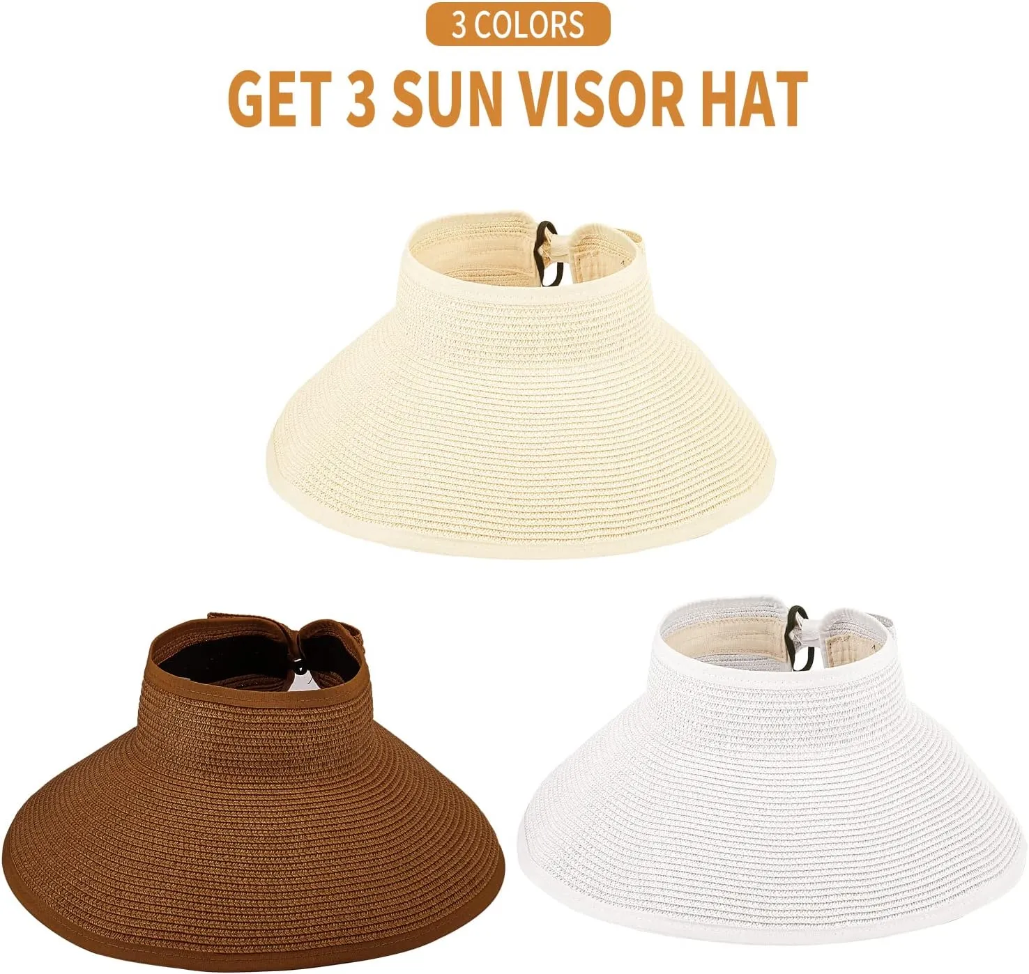 3PCS Foldable Straw Sun Visor Hats for Women, Wide Brim Ponytail Summer Beach Hat, Protect Your Skin Easily
