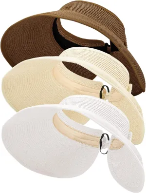 3PCS Foldable Straw Sun Visor Hats for Women, Wide Brim Ponytail Summer Beach Hat, Protect Your Skin Easily