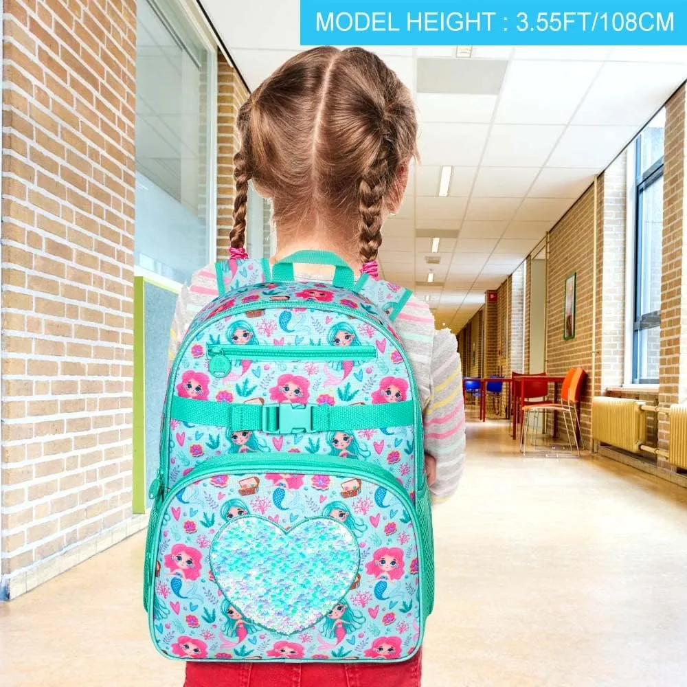 3PCS Mermaid Backpack, 16" Kids Sequins Bookbag for Girls with Lunch Box, Elementary Preschool Kindergarten School Bag Set - Green