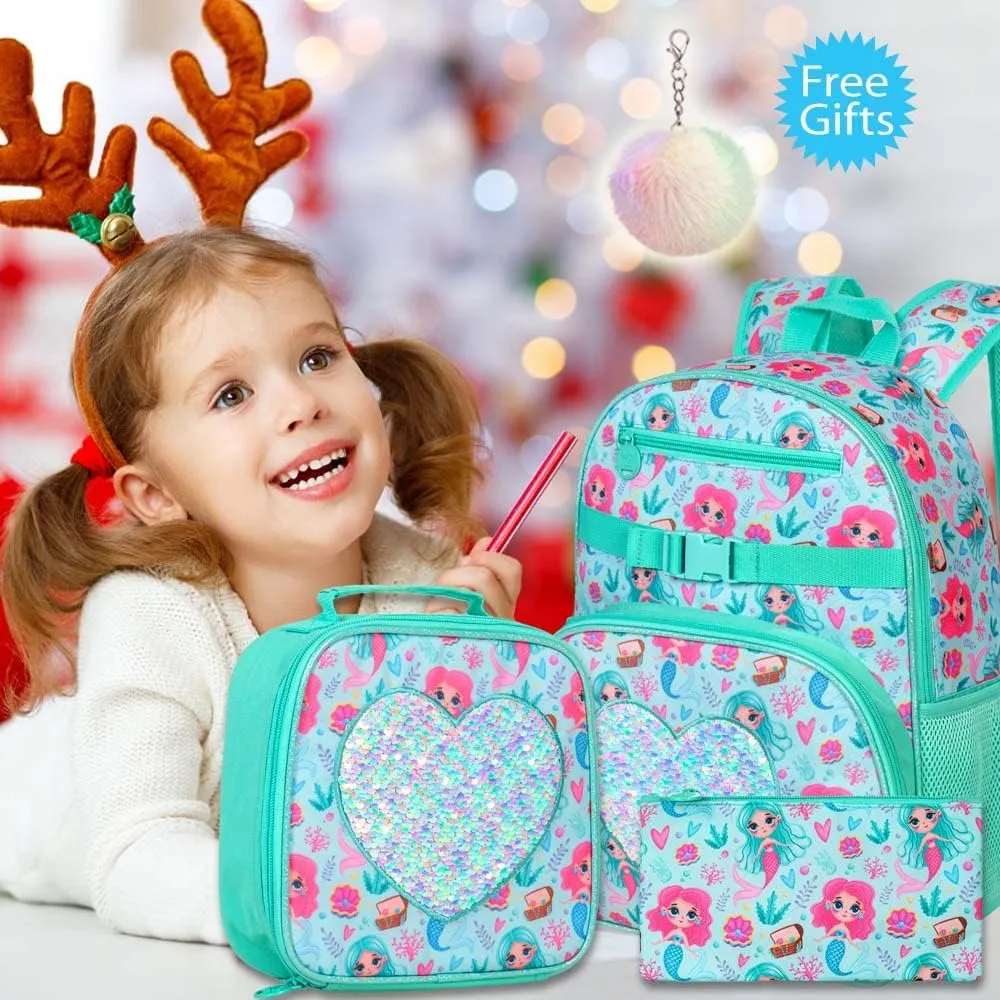 3PCS Mermaid Backpack, 16" Kids Sequins Bookbag for Girls with Lunch Box, Elementary Preschool Kindergarten School Bag Set - Green
