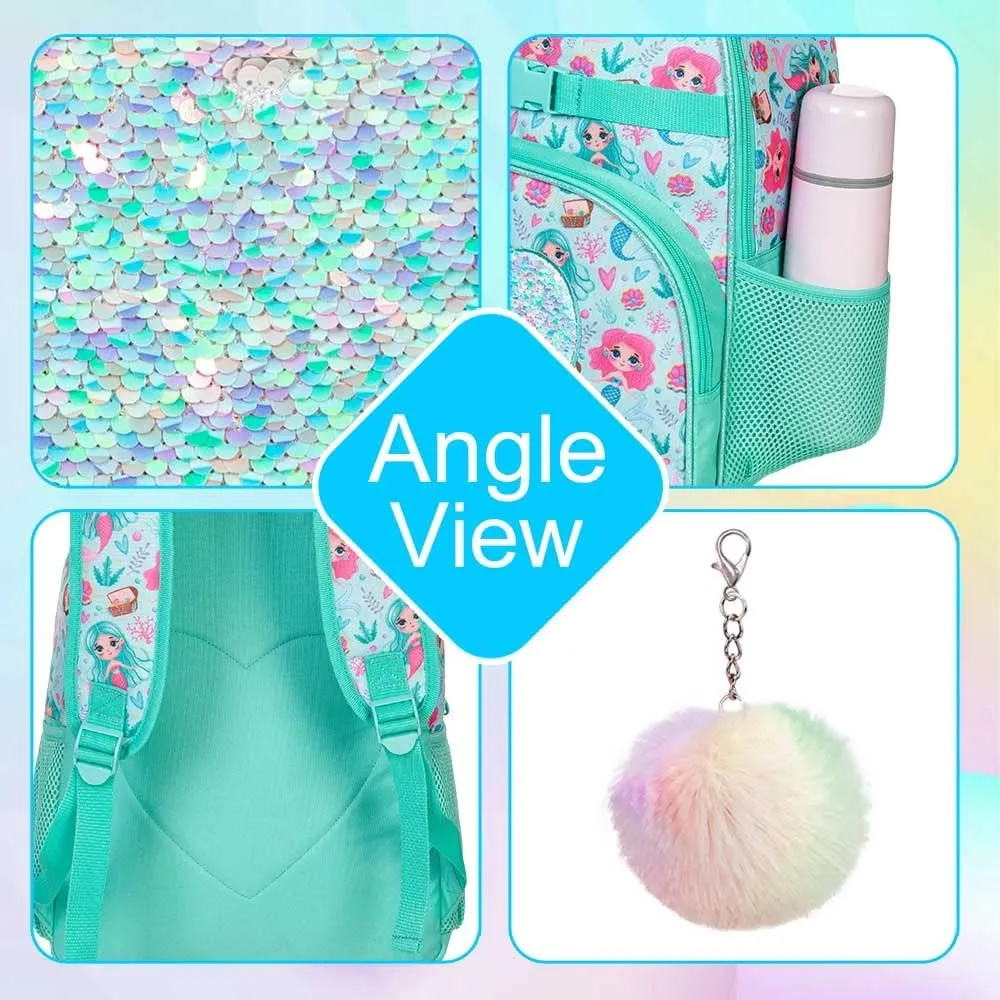 3PCS Mermaid Backpack, 16" Kids Sequins Bookbag for Girls with Lunch Box, Elementary Preschool Kindergarten School Bag Set - Green