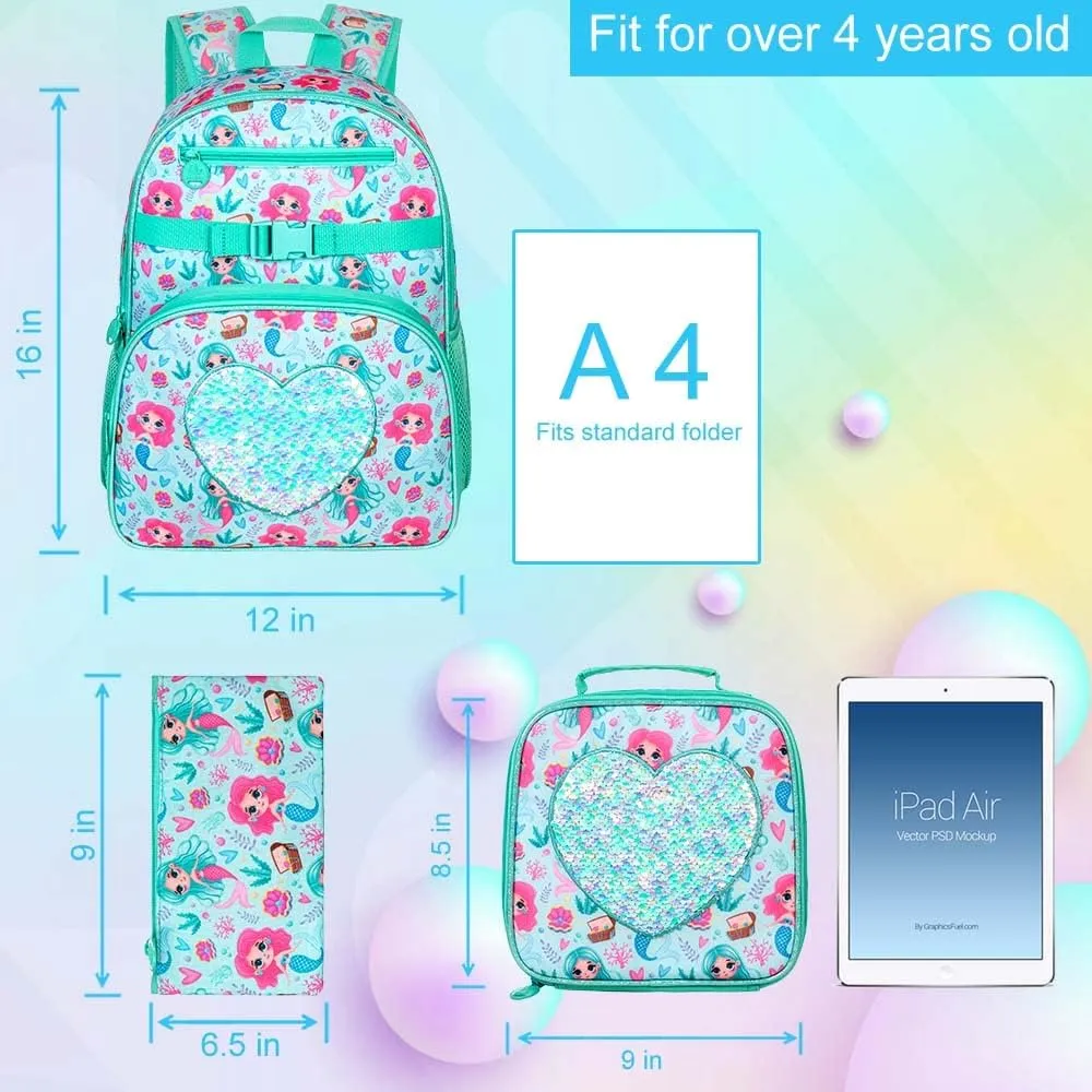 3PCS Mermaid Backpack, 16" Kids Sequins Bookbag for Girls with Lunch Box, Elementary Preschool Kindergarten School Bag Set - Green