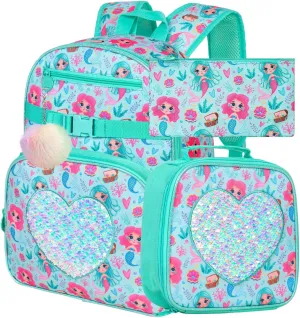 3PCS Mermaid Backpack, 16" Kids Sequins Bookbag for Girls with Lunch Box, Elementary Preschool Kindergarten School Bag Set - Green