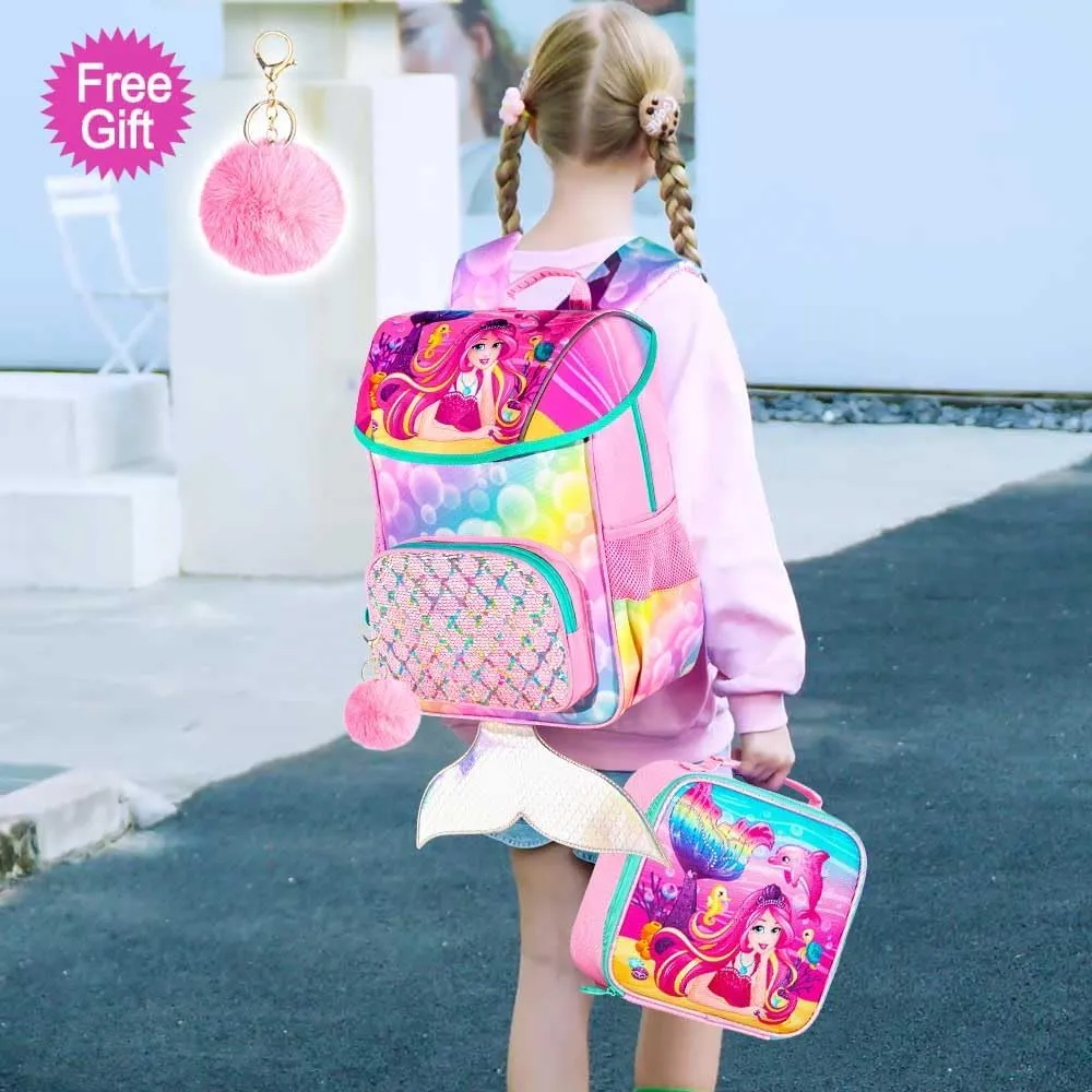 3Pcs Mermaid Backpack for Girls, 15" Kids Sequin Bookbag for Elementary Preschool Kindergarten, Flap Backpacks with Lunch Box - Pink