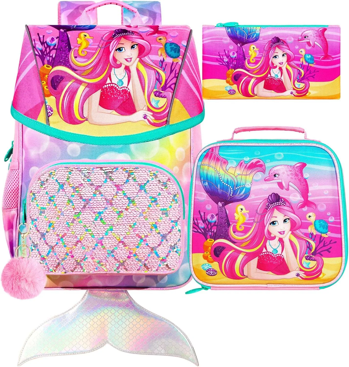 3Pcs Mermaid Backpack for Girls, 15" Kids Sequin Bookbag for Elementary Preschool Kindergarten, Flap Backpacks with Lunch Box - Pink