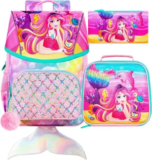 3Pcs Mermaid Backpack for Girls, 15" Kids Sequin Bookbag for Elementary Preschool Kindergarten, Flap Backpacks with Lunch Box - Pink