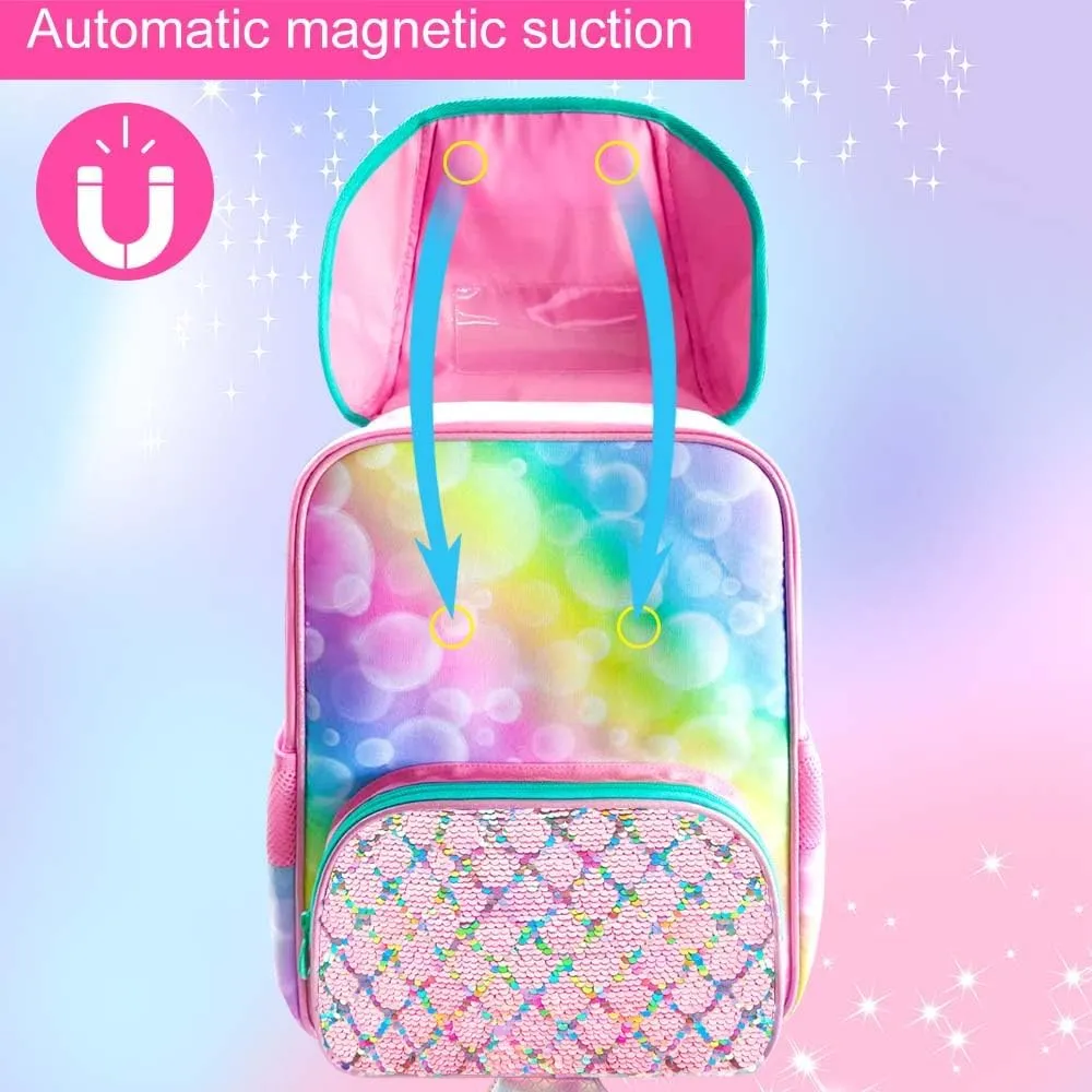3Pcs Mermaid Backpack for Girls, 15" Kids Sequin Bookbag for Elementary Preschool Kindergarten, Flap Backpacks with Lunch Box - Pink