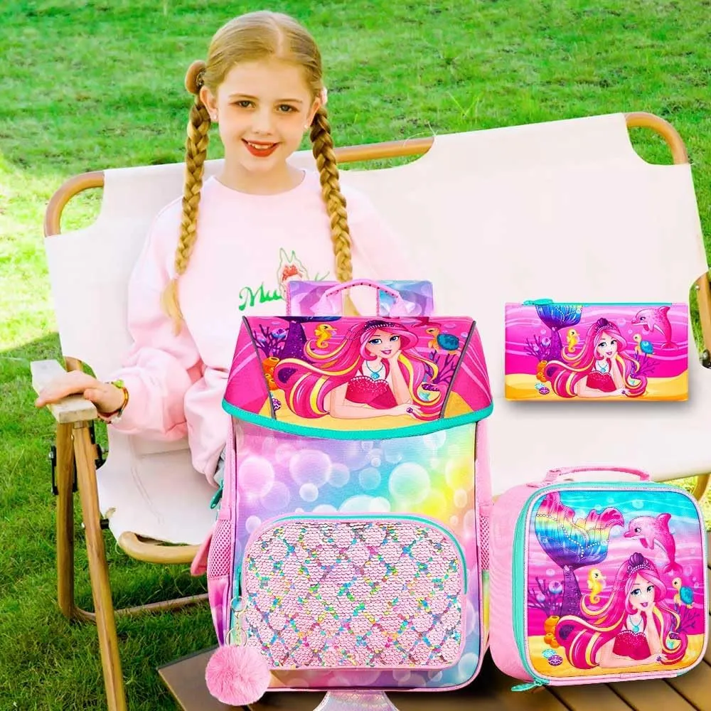 3Pcs Mermaid Backpack for Girls, 15" Kids Sequin Bookbag for Elementary Preschool Kindergarten, Flap Backpacks with Lunch Box - Pink