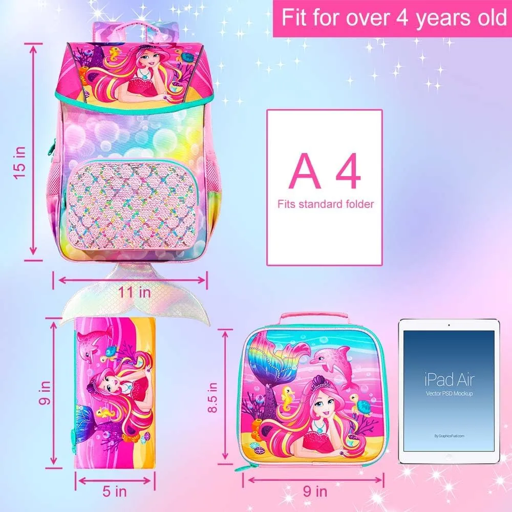 3Pcs Mermaid Backpack for Girls, 15" Kids Sequin Bookbag for Elementary Preschool Kindergarten, Flap Backpacks with Lunch Box - Pink