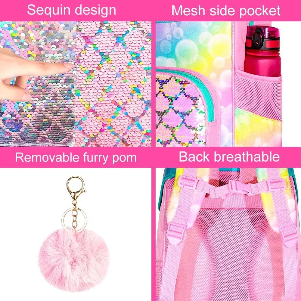 3Pcs Mermaid Backpack for Girls, 15" Kids Sequin Bookbag for Elementary Preschool Kindergarten, Flap Backpacks with Lunch Box - Pink