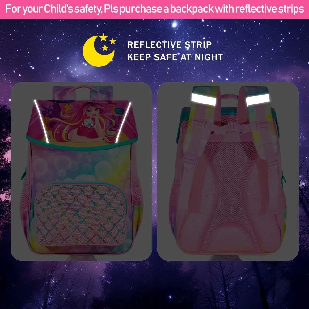 3Pcs Mermaid Backpack for Girls, 15" Kids Sequin Bookbag for Elementary Preschool Kindergarten, Flap Backpacks with Lunch Box - Pink