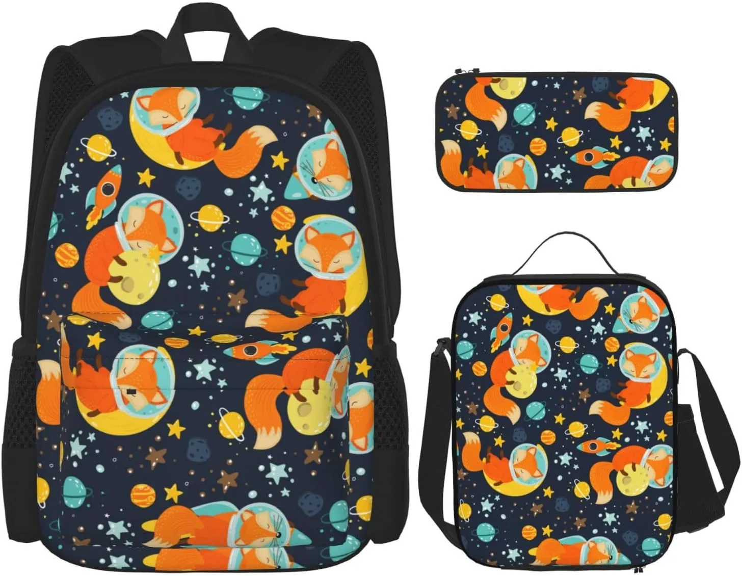 3Pcs Set Space Fox Backpack, Cute Daypack Cartoon Galaxy Fox Shoulders Backpack with Multiple Pockets, Classic Laptop Bag with Lunch Bags(Space & Fox)