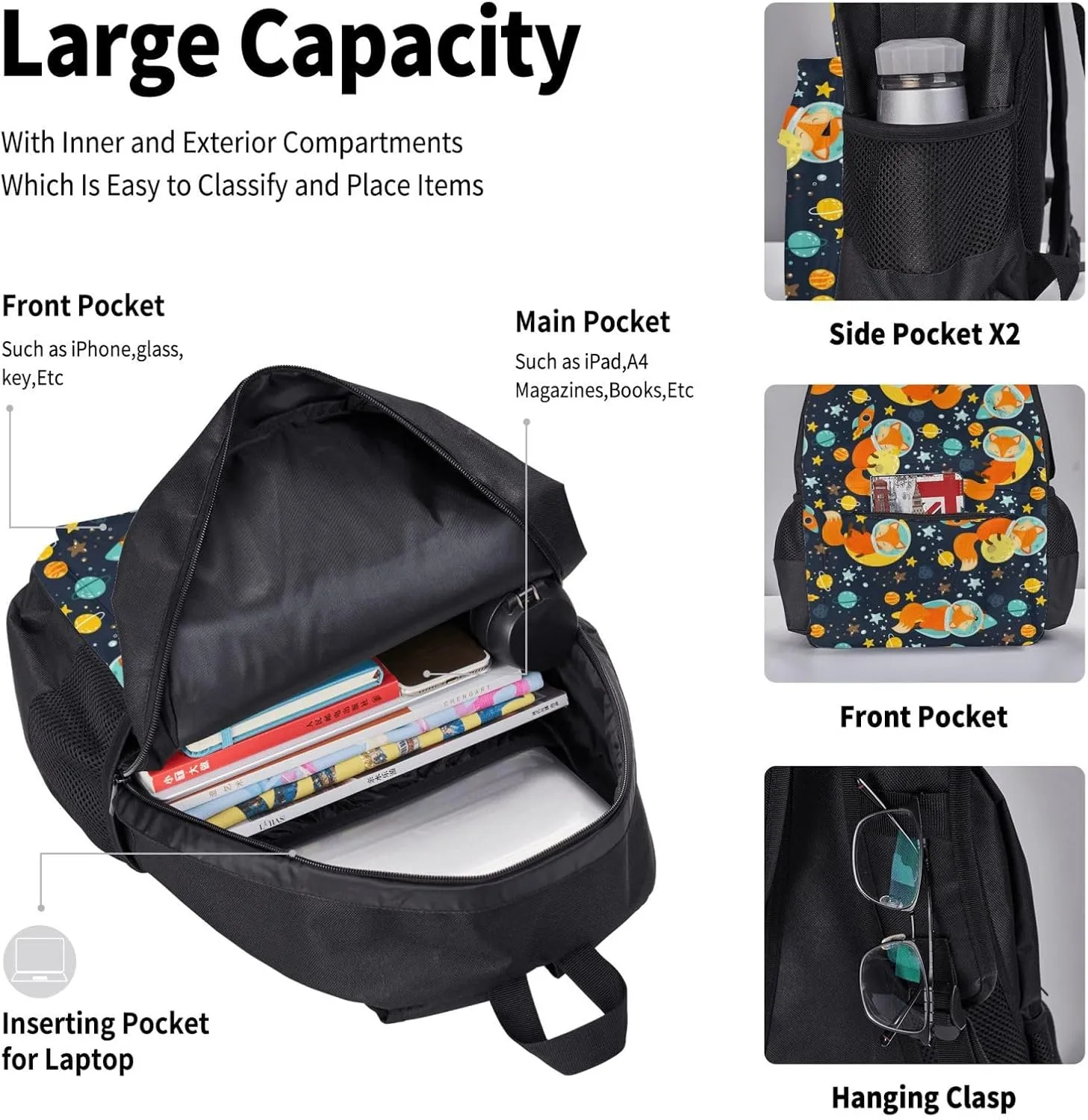 3Pcs Set Space Fox Backpack, Cute Daypack Cartoon Galaxy Fox Shoulders Backpack with Multiple Pockets, Classic Laptop Bag with Lunch Bags(Space & Fox)