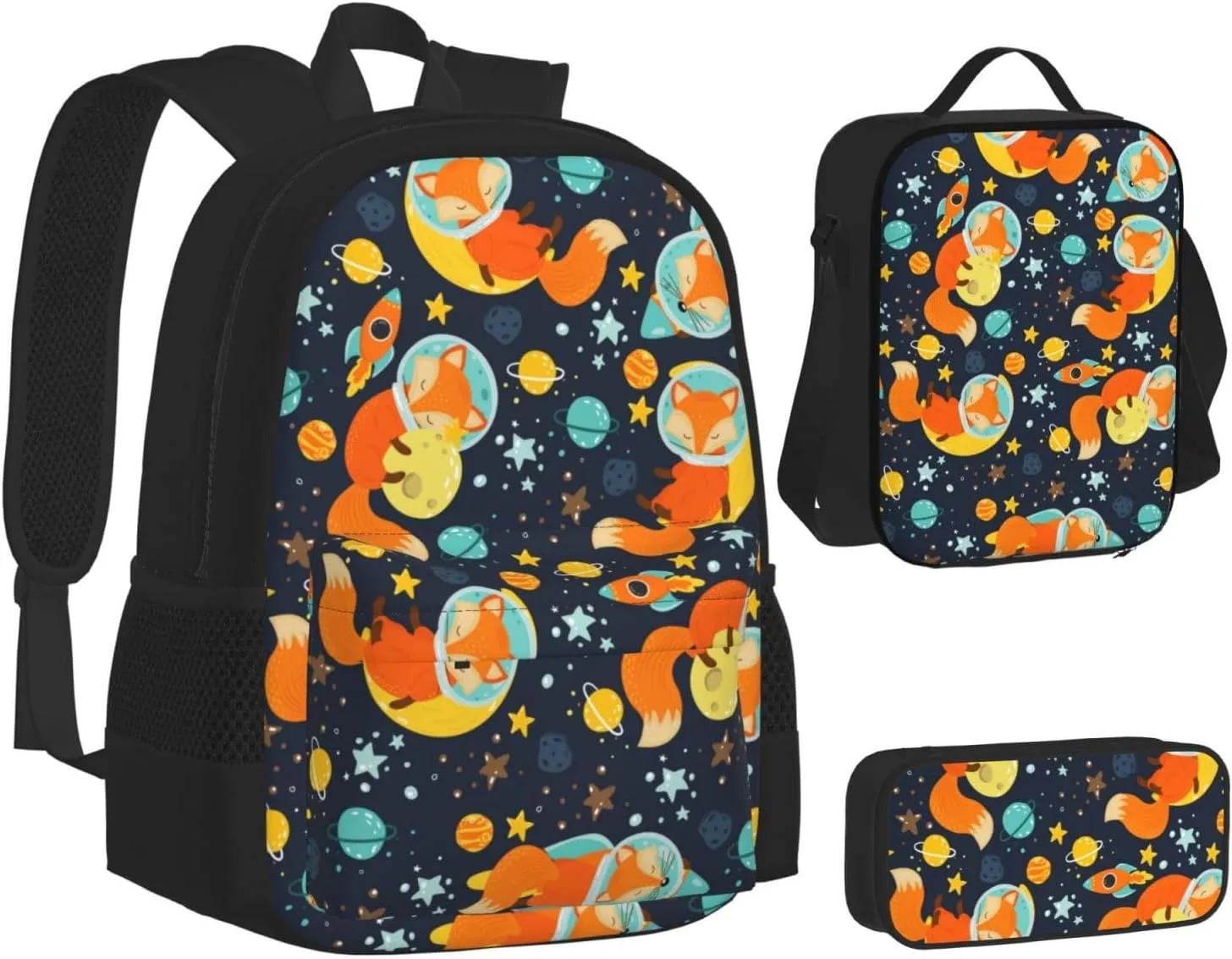 3Pcs Set Space Fox Backpack, Cute Daypack Cartoon Galaxy Fox Shoulders Backpack with Multiple Pockets, Classic Laptop Bag with Lunch Bags(Space & Fox)