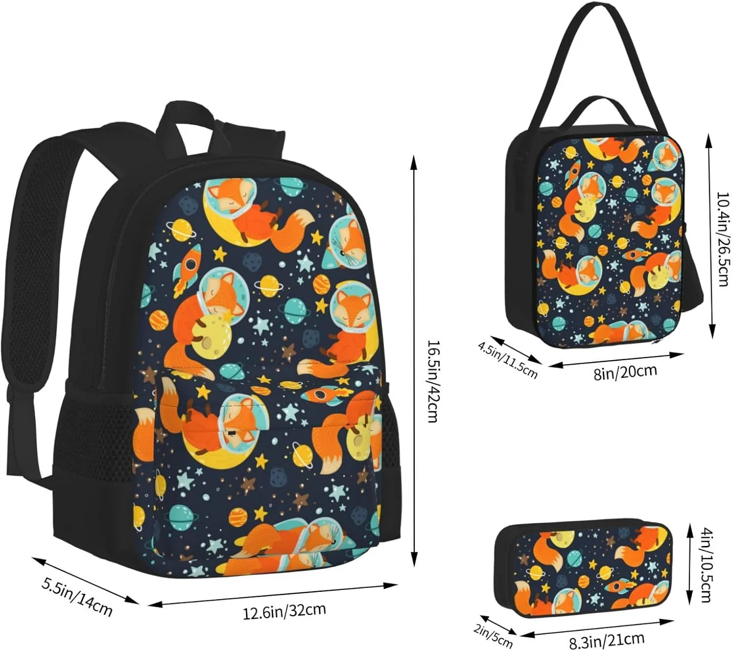 3Pcs Set Space Fox Backpack, Cute Daypack Cartoon Galaxy Fox Shoulders Backpack with Multiple Pockets, Classic Laptop Bag with Lunch Bags(Space & Fox)
