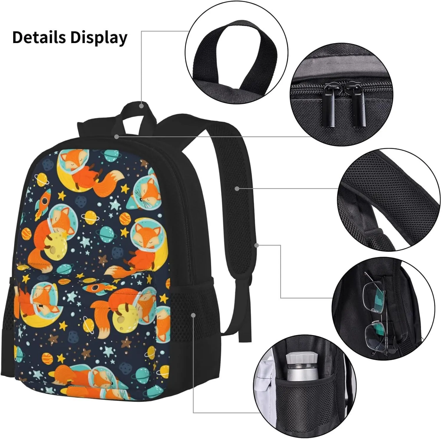 3Pcs Set Space Fox Backpack, Cute Daypack Cartoon Galaxy Fox Shoulders Backpack with Multiple Pockets, Classic Laptop Bag with Lunch Bags(Space & Fox)