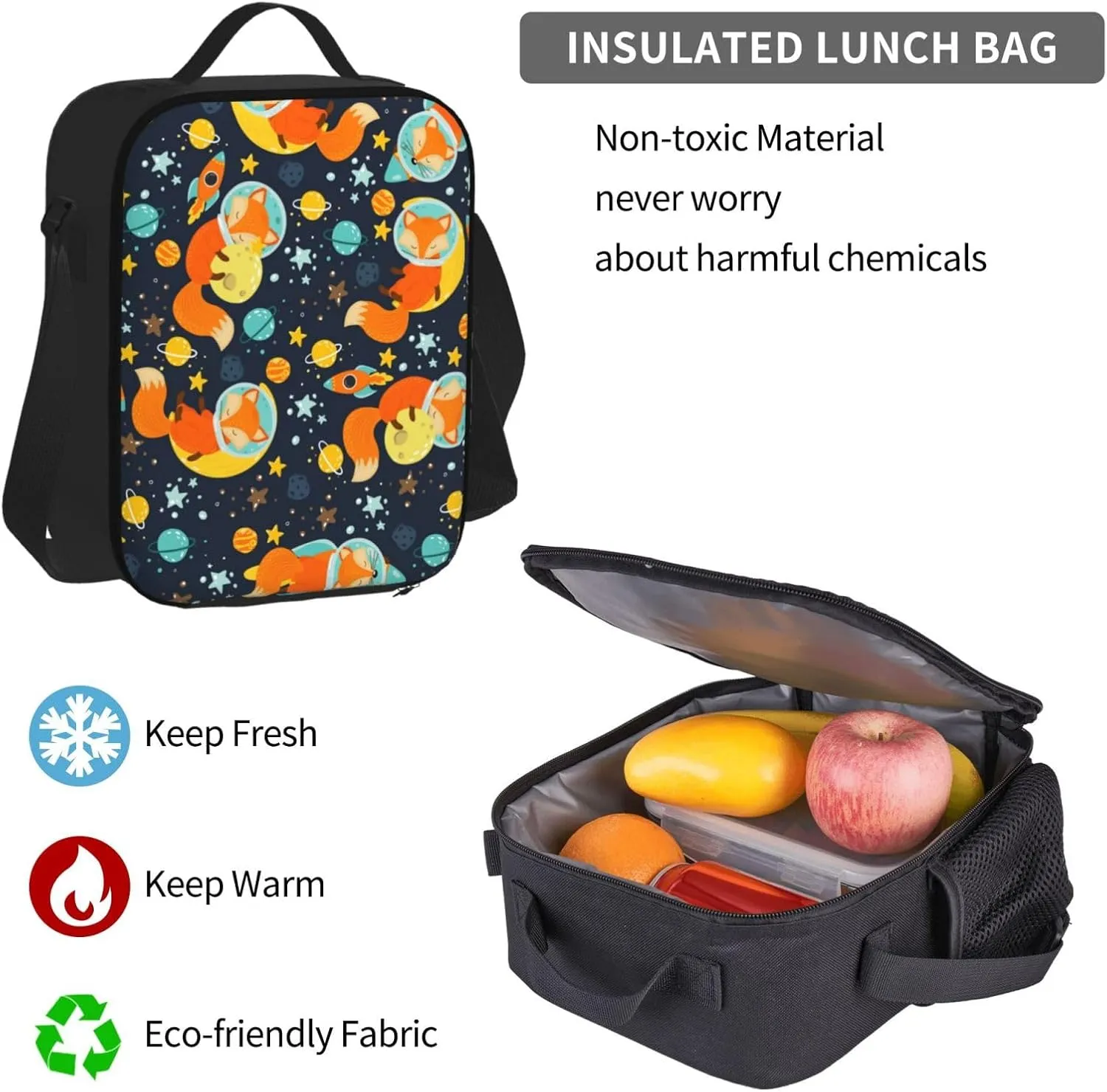 3Pcs Set Space Fox Backpack, Cute Daypack Cartoon Galaxy Fox Shoulders Backpack with Multiple Pockets, Classic Laptop Bag with Lunch Bags(Space & Fox)
