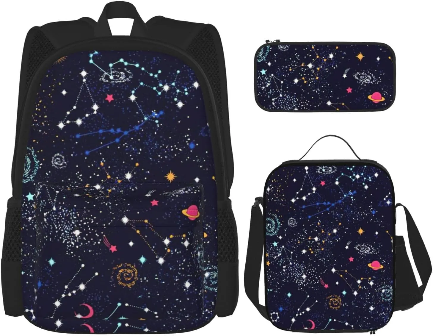 3Pcs Versatile Adjustable Large Capacity Star Constellation Map Print Backpack Lunch Box and Pencil Case