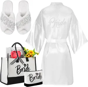 4 Pcs Bridal Shower Gift Set Include Bride Robes White Slippers Canvas Tote Bag Makeup Bag for Bride Wedding Party