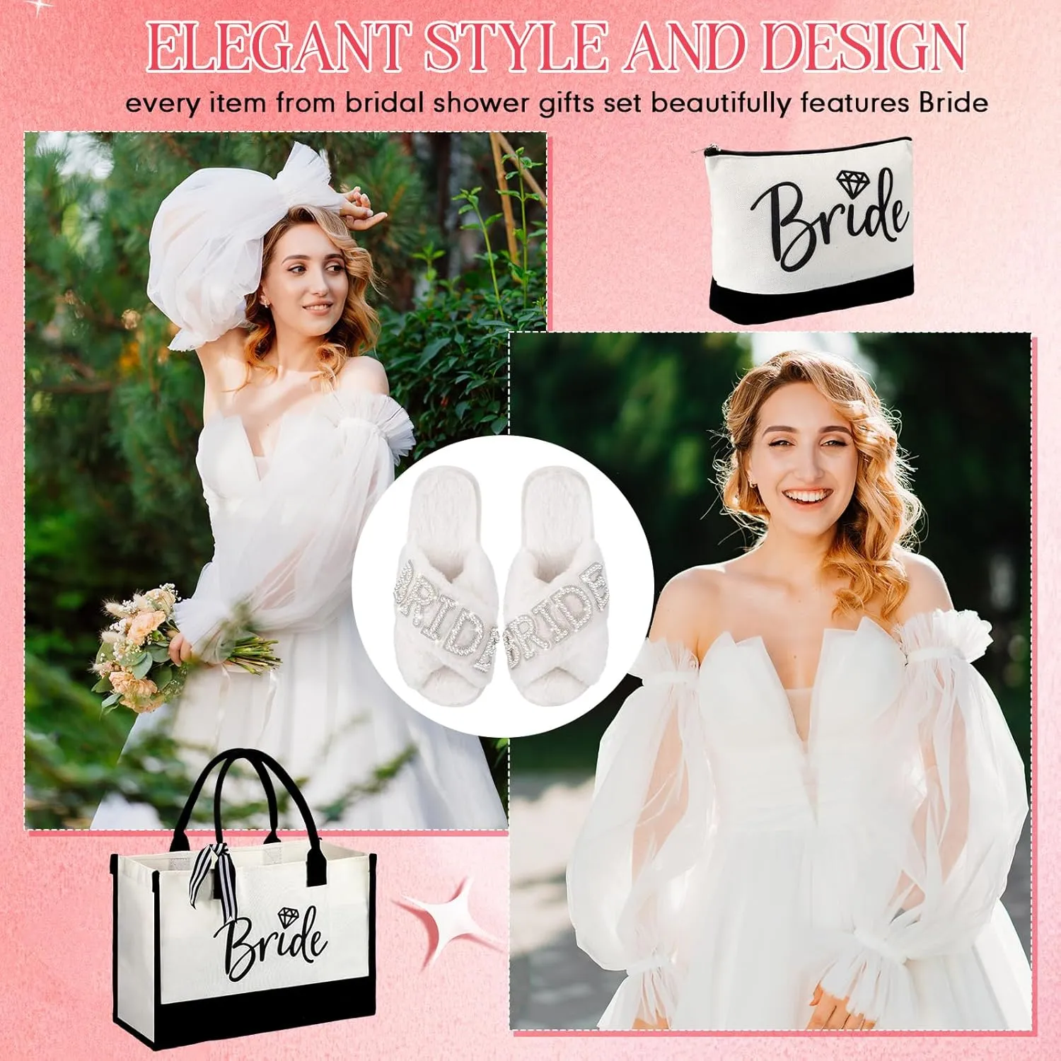 4 Pcs Bridal Shower Gift Set Include Bride Robes White Slippers Canvas Tote Bag Makeup Bag for Bride Wedding Party