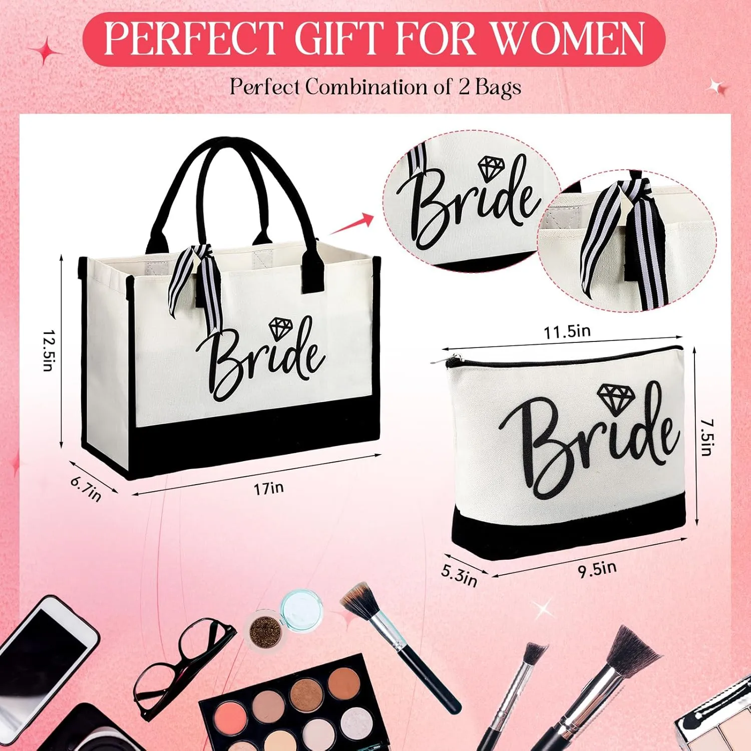 4 Pcs Bridal Shower Gift Set Include Bride Robes White Slippers Canvas Tote Bag Makeup Bag for Bride Wedding Party