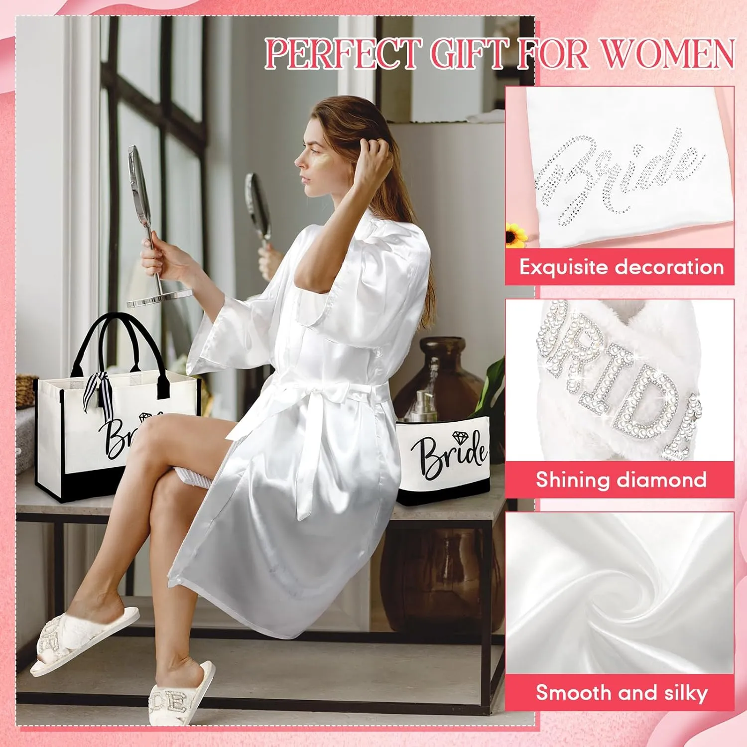 4 Pcs Bridal Shower Gift Set Include Bride Robes White Slippers Canvas Tote Bag Makeup Bag for Bride Wedding Party