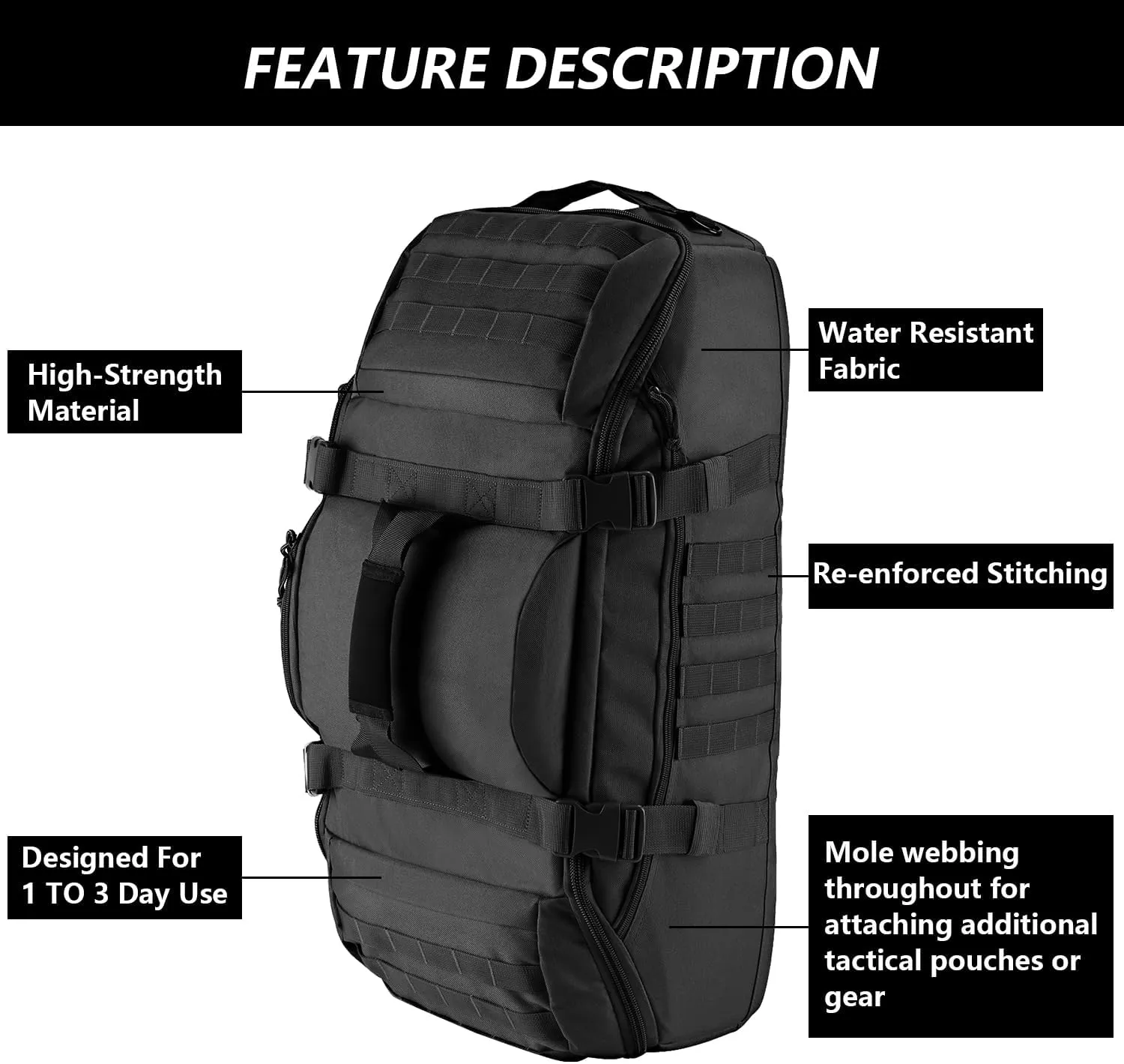 55L Large Duffle Bag, 3-in-1 Tactical Backpack MOLLE Pack for Sports, Gym, Outdoor, Black