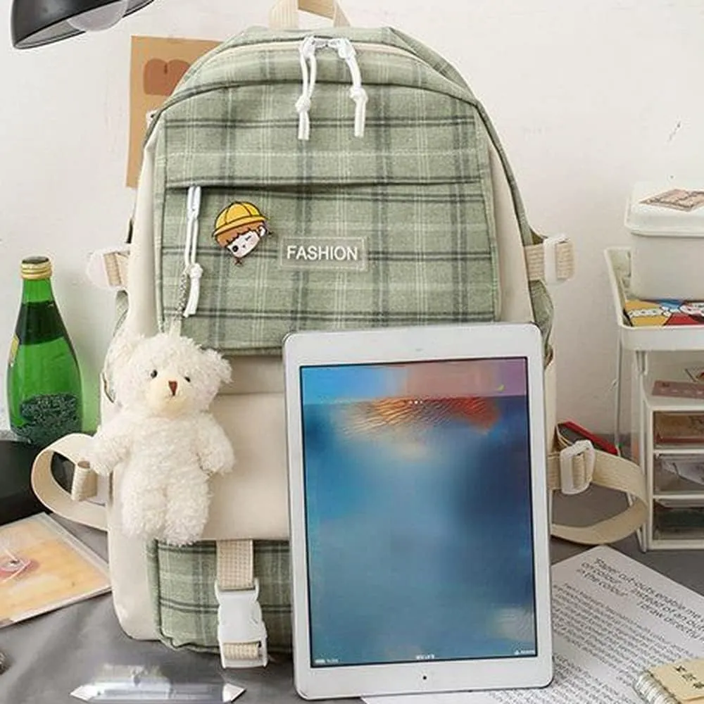 5Pcs Kawaii Canvas School Backpack Combo Set with Pear Pendant Cute Pins Tote Bag Pencil Pouch Plaid Checkered Aesthetic Laptop Schoolbag Daypack Kit Back To School (Grey)