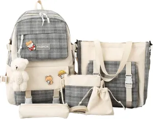 5Pcs Kawaii Canvas School Backpack Combo Set with Pear Pendant Cute Pins Tote Bag Pencil Pouch Plaid Checkered Aesthetic Laptop Schoolbag Daypack Kit Back To School (Grey)