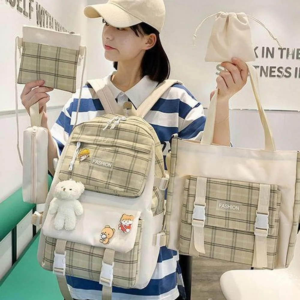 5Pcs Kawaii Canvas School Backpack Combo Set with Pear Pendant Cute Pins Tote Bag Pencil Pouch Plaid Checkered Aesthetic Laptop Schoolbag Daypack Kit Back To School (Grey)