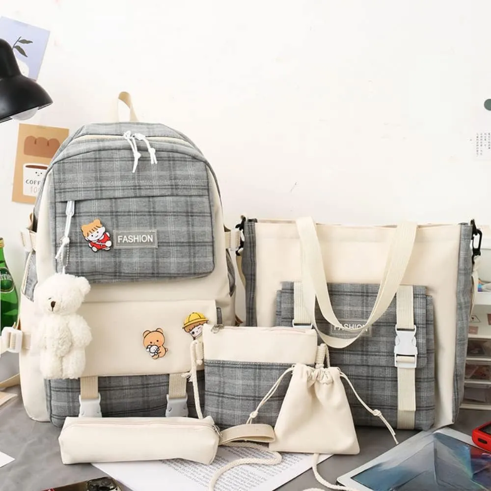 5Pcs Kawaii Canvas School Backpack Combo Set with Pear Pendant Cute Pins Tote Bag Pencil Pouch Plaid Checkered Aesthetic Laptop Schoolbag Daypack Kit Back To School (Grey)