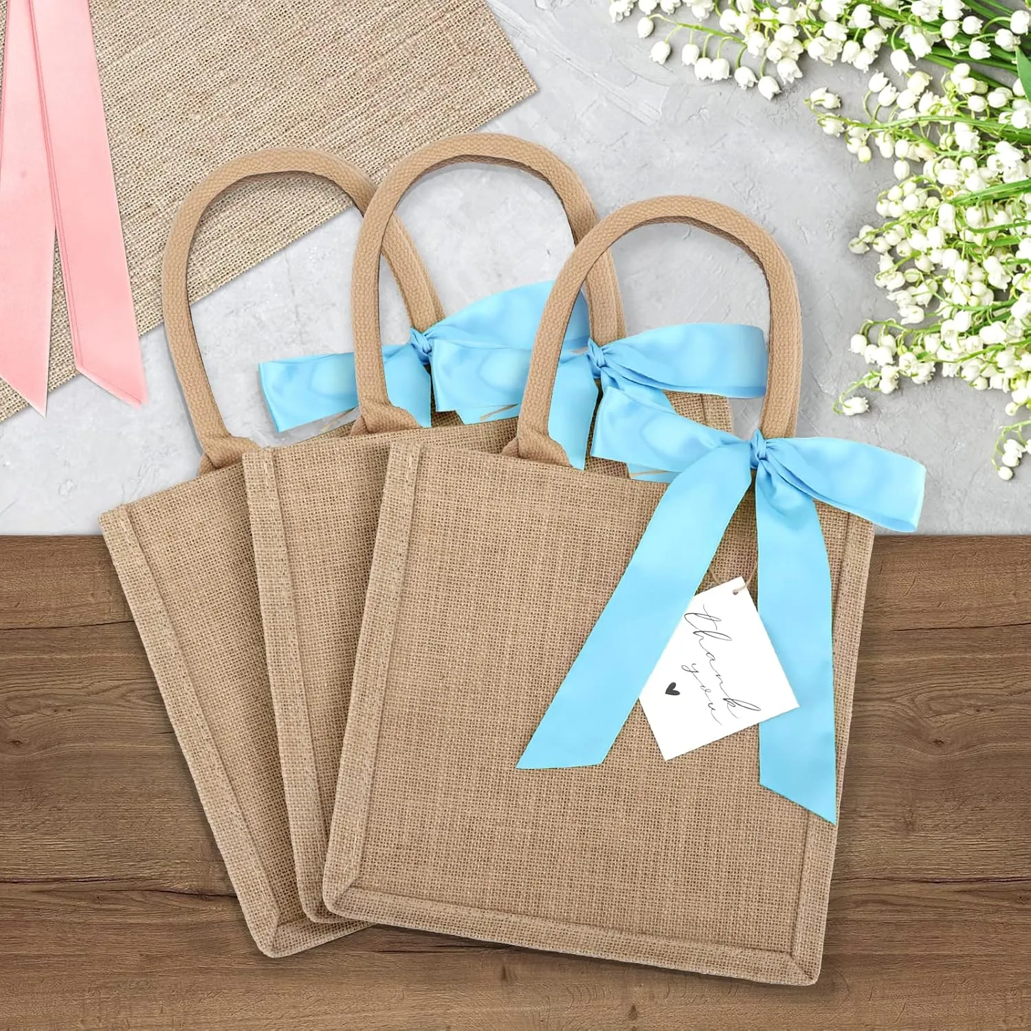6 Pack Burlap Tote Bags with Handles Reusable Small Jute Gift Bags with Blue Silk Ribbons Waterproof Lining for Wedding Bridesmaid Mother's Day Bachelorette Beach Party
